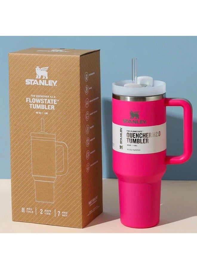 كوب استانلس، كوب استانلس سعة 40 اونصه مع شاليموه ومقبض، كوب معزول مع غطاء كوب للسفر، كوب قهوة من الفولاذ المقاوم للصدأ للمشروبات المثلجة الساخنة، كوب سفر بمقبض